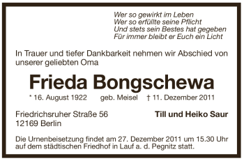 Traueranzeige von Frieda Bongschewa von Pegnitz-Zeitung
